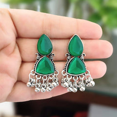 Green Color Stone Tikka & Triangle Shape Oxidized Silver Earrings