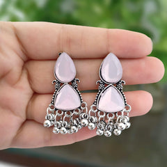 Baby Pink Color Stone Tikka & Triangle Shape Oxidized Silver Earrings