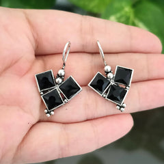 Black Color Stone Square Heart Design Oxidized Silver Earrings