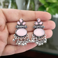 Baby Pink Color Oval Shape Drop Beads Oxidized Silver Earrings