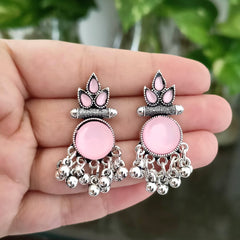 Baby Pink Color Stone Round Shape Drop Beads Oxidised Silver Earrings