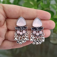 Baby Pink Color Stone Round Shape Drop Beads Oxidised Silver Earrings