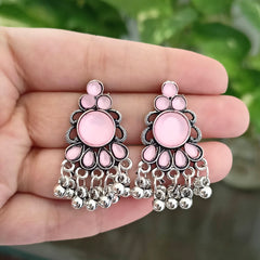 Baby Pink Color Round Design Leags Drop Beads Oxidised Silver Earrings