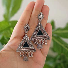 Triangle Shape Black Mirror Jhumka Oxidised Silver Earrings