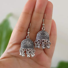 Gorgeous Jhumka Flower Design Oxidised Silver Earrings