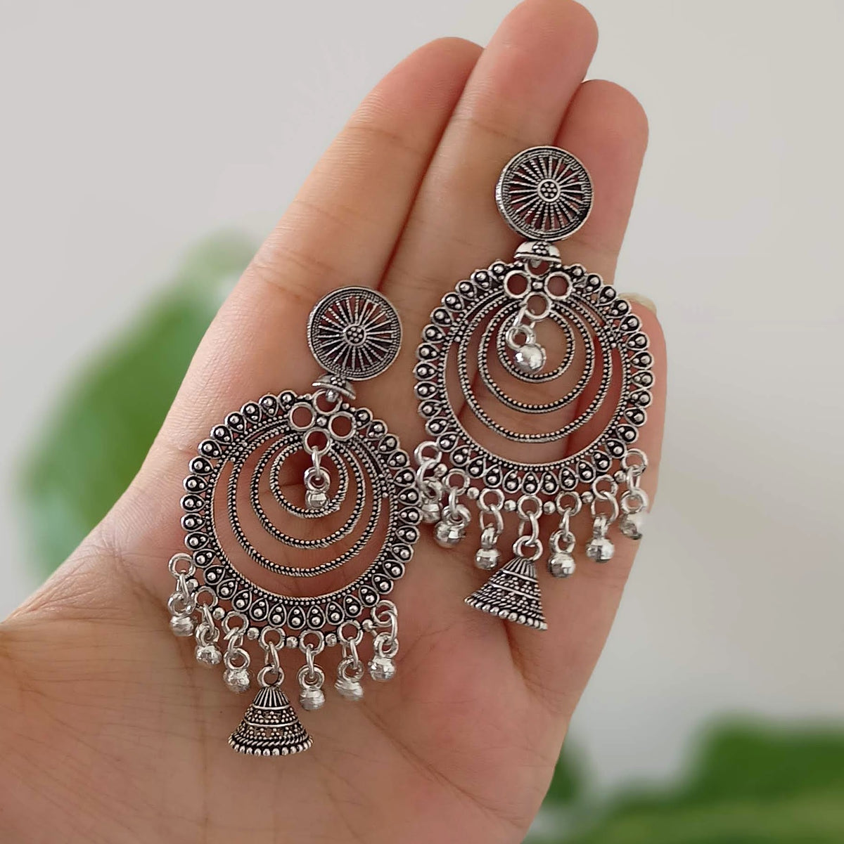 Four Layer Round Drop Jhumka Oxidised Silver Earrings