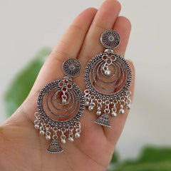 Four Layer Round Drop Jhumka Oxidised Silver Earrings