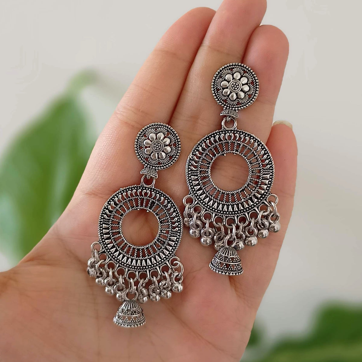 Bollywood Style Drop Jhumka Oxidised Silver Ethnic Earrings
