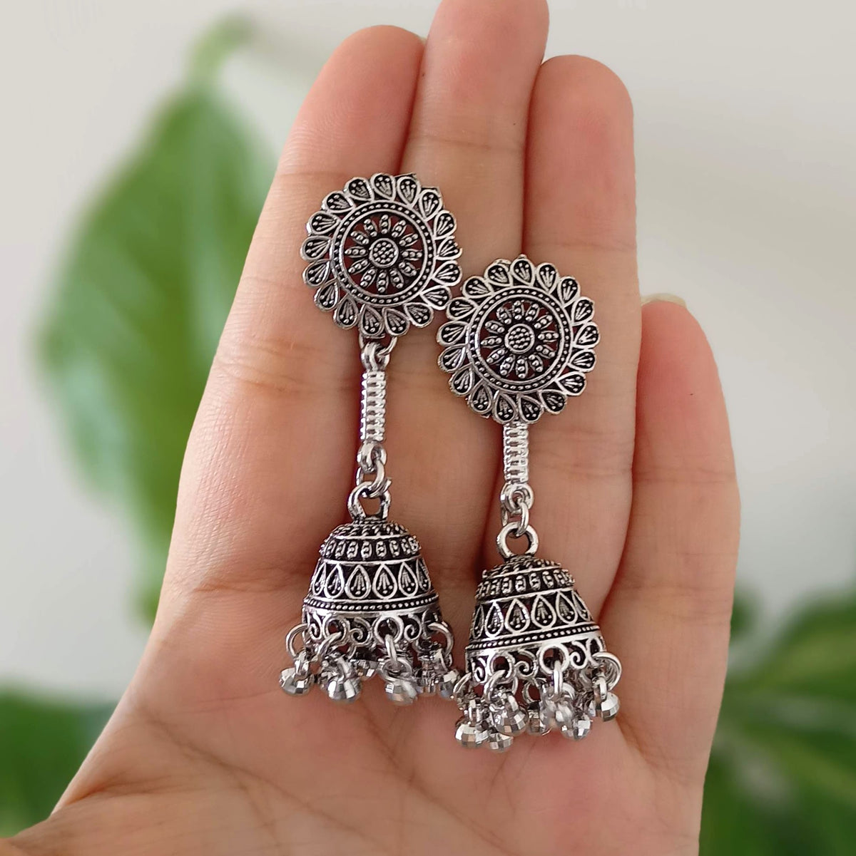 Flower Stud Drop Jhumka Oxidised Silver Ethnic Earrings