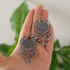 Round Black Mirror Drop Jhumka Oxidised Silver Ethnic Earrings