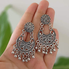 Chaandbali Design Flower Engraved Oxidised Silver Ethnic Earrings
