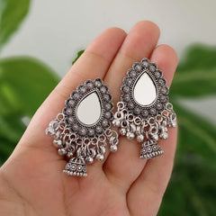 Tikka Shape Mirror Drop Jhumka Oxidised Silver Ethnic Earrings