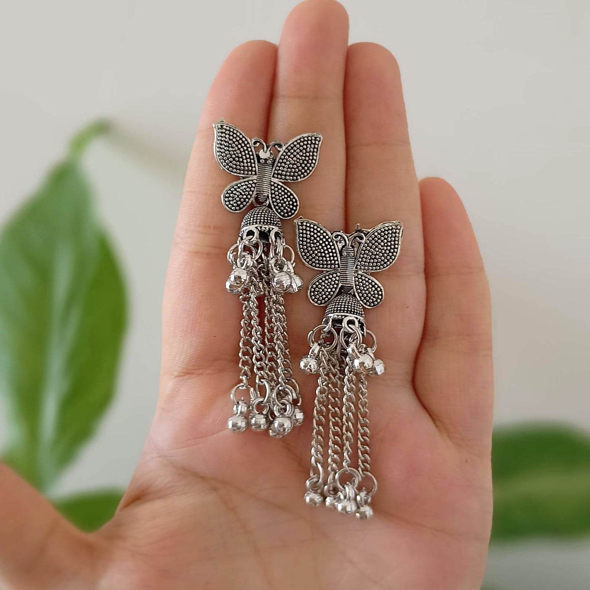 Butterfly Drop Tassels & Jhumka Oxidised Silver Ethnic Earrings