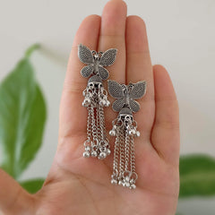 Butterfly Drop Tassels & Jhumka Oxidised Silver Ethnic Earrings