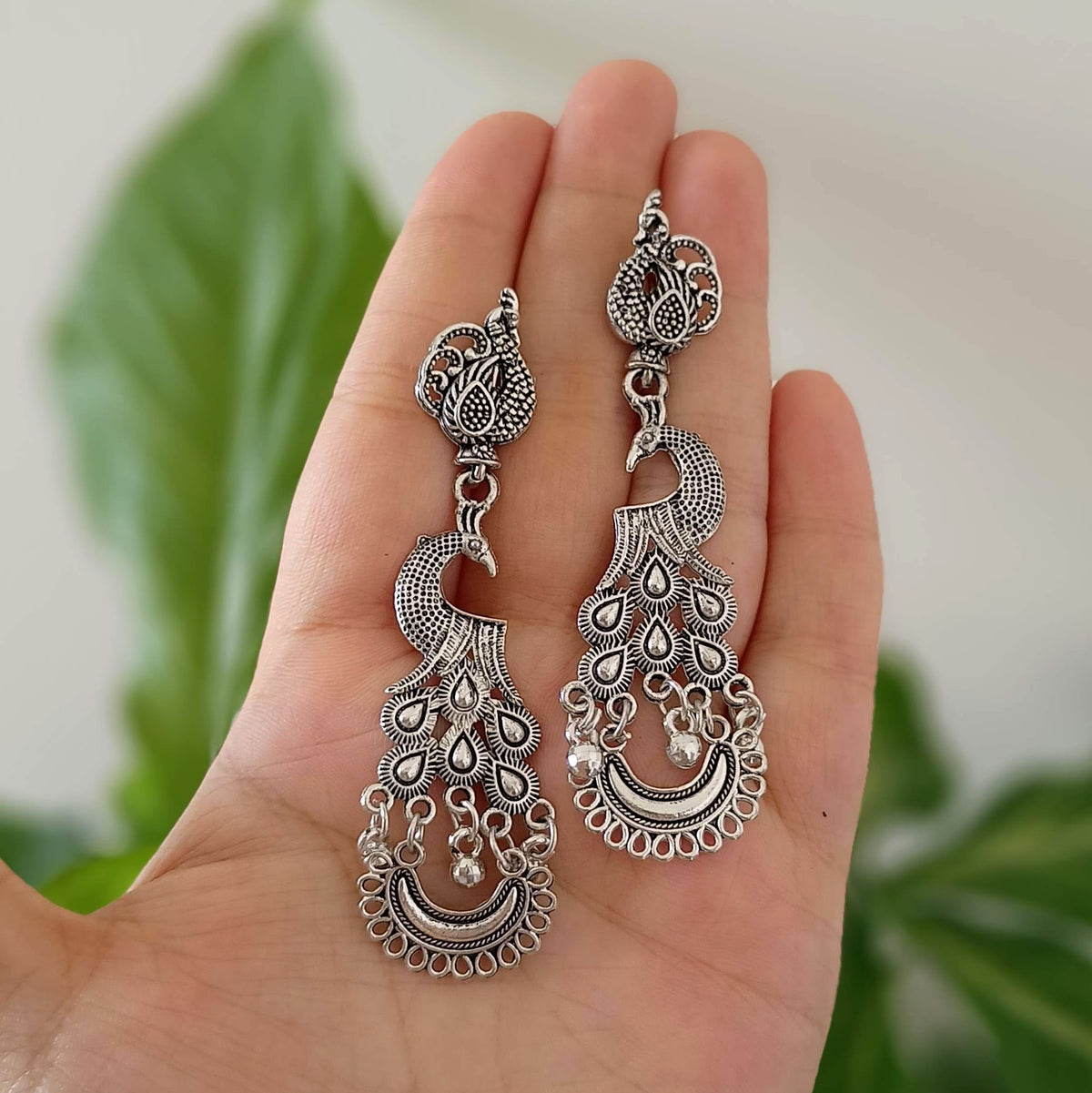 Peacock Drop Chaandbali Oxidised Silver Ethnic Earrings