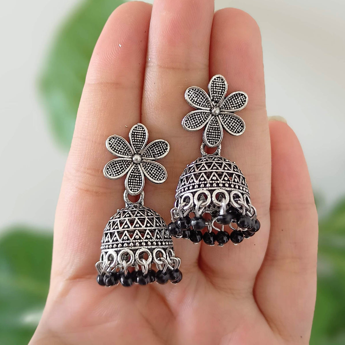 Flower Stud Jhumka Black Beads Oxidised Silver Ethnic Earrings