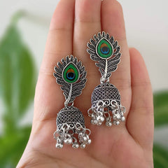 Peacock Sticker Drop Jhumka Oxidised Silver Ethnic Earrings
