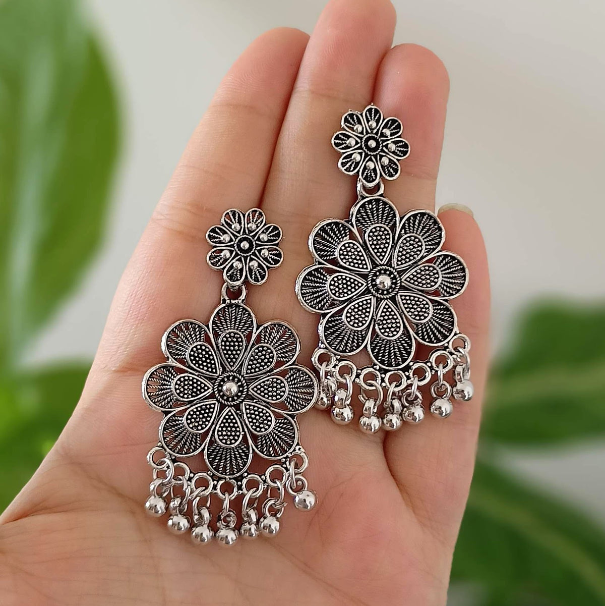 Flower Design Oxidised Silver Ethnic Earrings