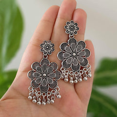 Flower Design Oxidised Silver Ethnic Earrings