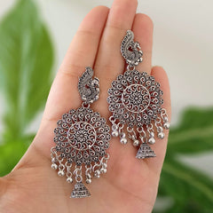 Peacock Stud Drop Jhumkas Oxidised Silver Ethnic Earrings