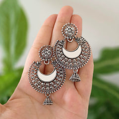 Moon Shape Mirror Jhumka Oxidised Silver Ethnic Earrings