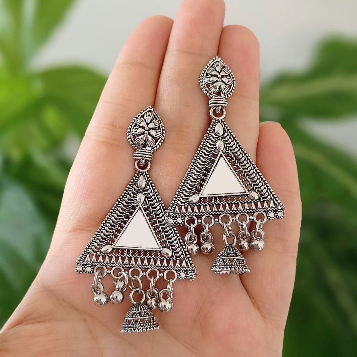 Triangle Shape Mirror Jhumka Oxidised Silver Ethnic Earrings