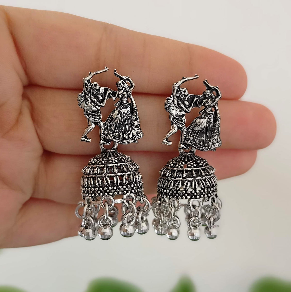 Dancing Couple Jhumka Navratri Oxidised Silver Ethnic Earrings