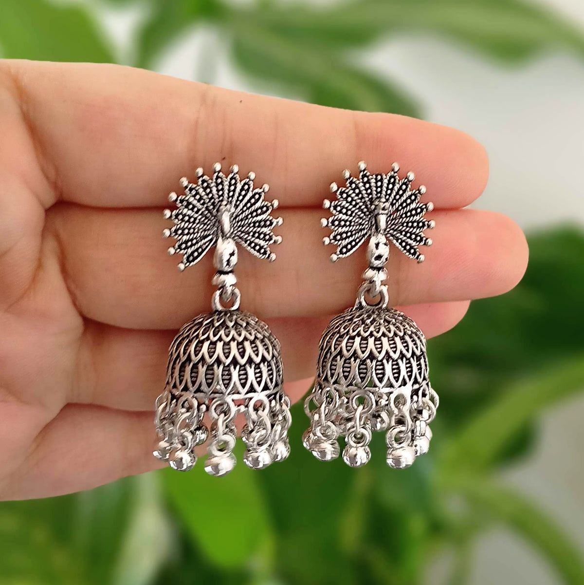 Peacock Trending Jhumka Oxidised Silver Ethnic Earrings