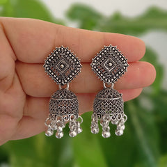 Square Shape Jhumka Oxidised Silver Ethnic Earrings