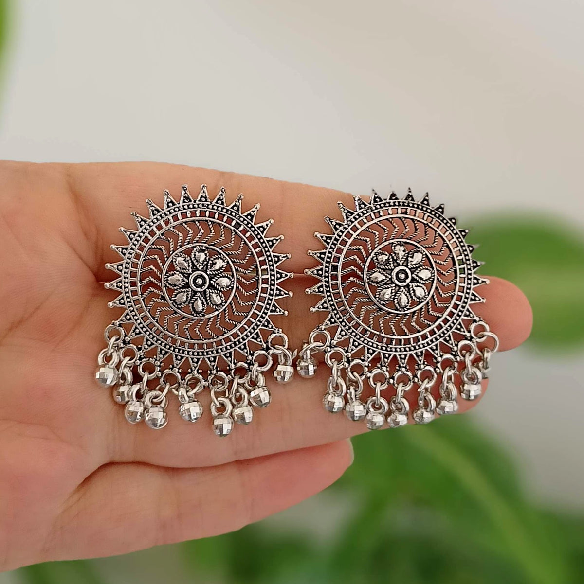 Flower Engraved Trending Studs Oxidised Silver Ethnic Earrings