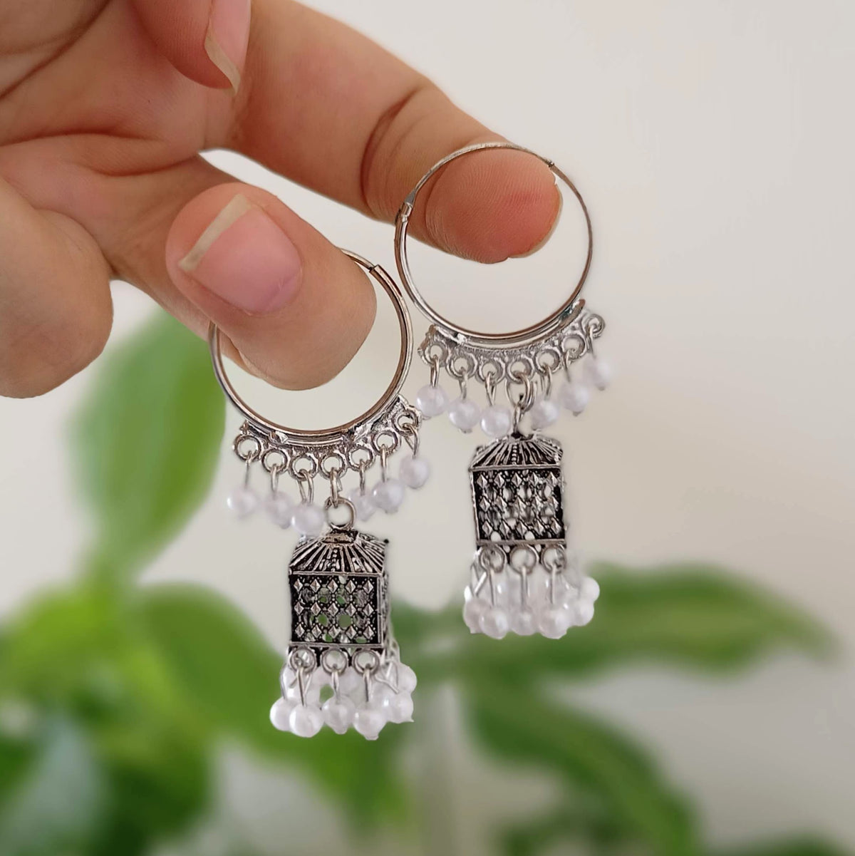 Baali Jhumka Drop White Beads Oxidised Silver Ethnic Earrings