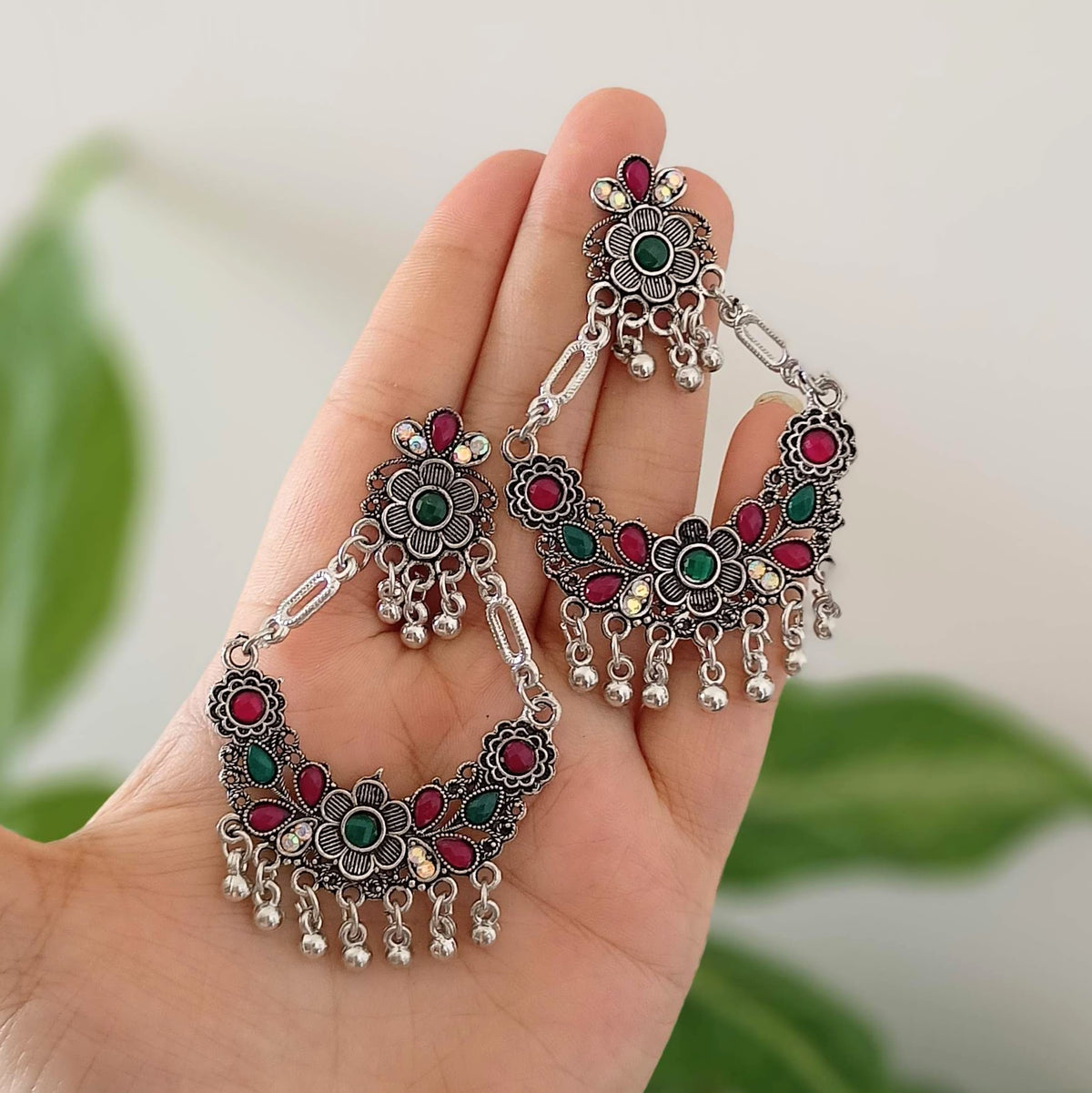 Green & Pink Stone Chaandbali Oxidised Silver Ethnic Earrings