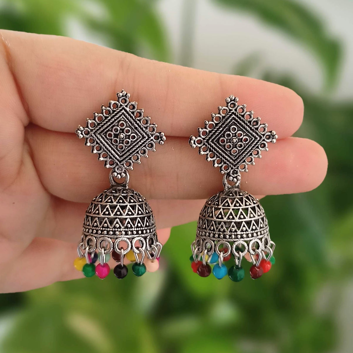 Drop Multicolor Beads Jhumka Oxidised Silver Ethnic Earrings