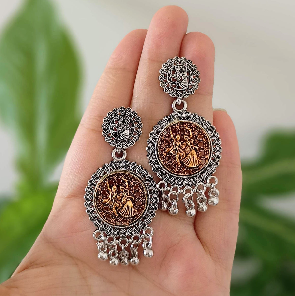 Dancing Couple Oxidised Silver & Golden Ethnic Earrings