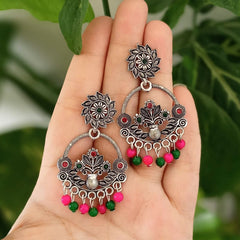 Multicolor Beads Flower Pot Design Oxidised Silver Ethnic Earrings
