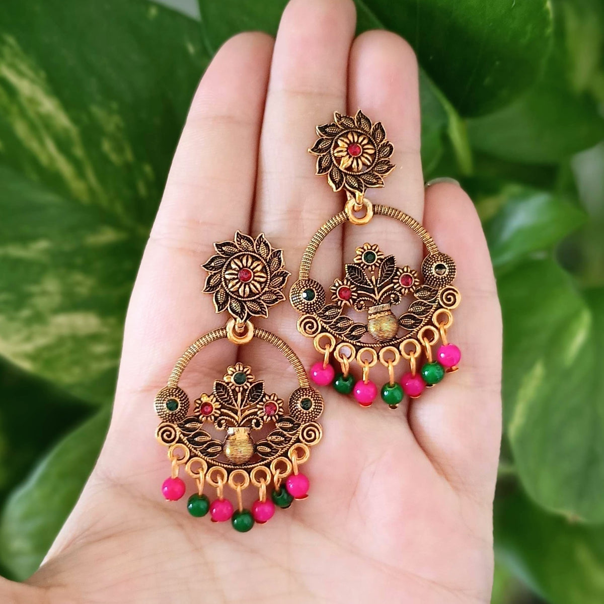 Multicolor Beads Flower Pot Design Oxidised Golden Ethnic Earrings