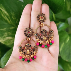 Multicolor Beads Flower Pot Design Oxidised Golden Ethnic Earrings