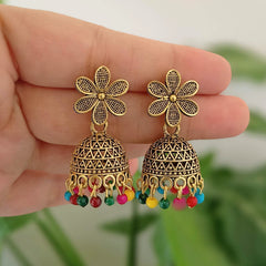 Flower Design Stud Jhumka Oxidised Golden Ethnic Earrings