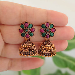 Pink & Green Stone Jhumka Oxidised Golden Ethnic Earrings