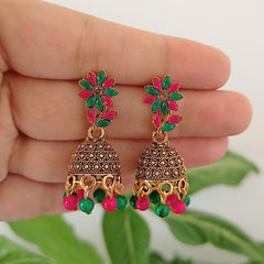Beautiful Flower Pink & Green Stone Jhumka Oxidised Golden Ethnic Earrings