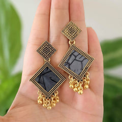 Black Square Shape Oxidised Golden Ethnic Earrings