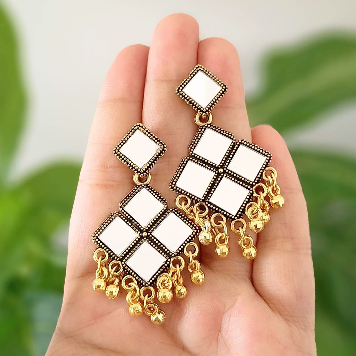 Trending Mirror Square Designs Oxidised Golden Ethnic Earrings