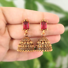 Pink Stone Jhumka Oxidised Golden Ethnic Earrings