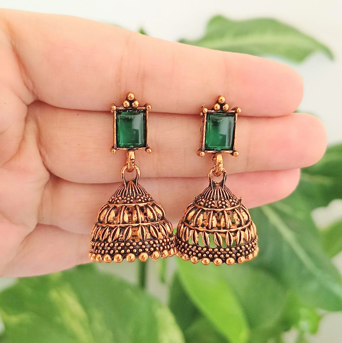 Green Stone Jhumka Oxidised Golden Ethnic Earrings