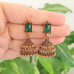 Green Stone Jhumka Oxidised Golden Ethnic Earrings