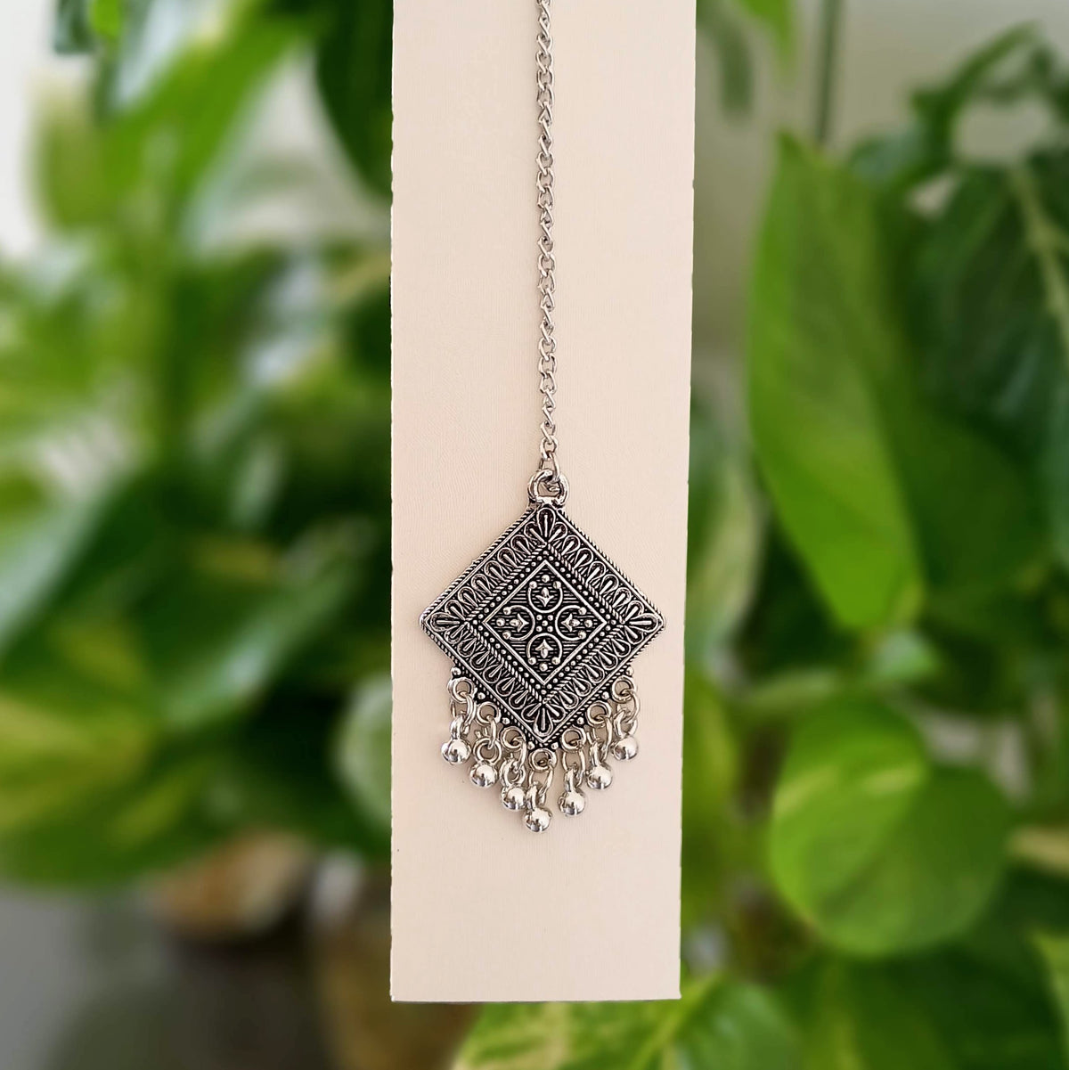 Square Design Silver Oxidised Ethnic Maangtikka
