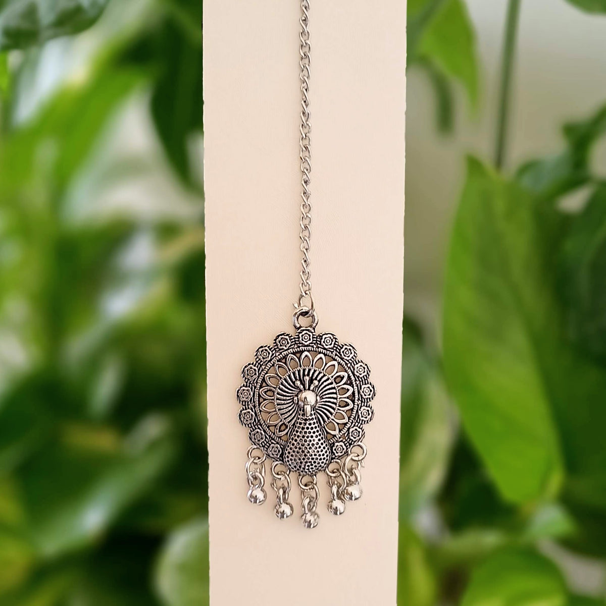 Peacock Design Silver Oxidised Ethnic Maangtikka