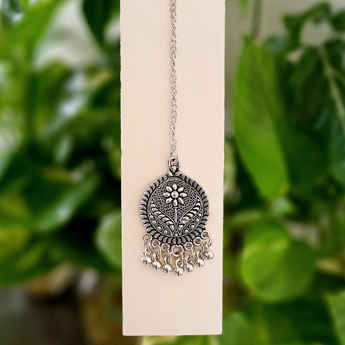 Flower Design Engraved Silver Oxidised Ethnic Maangtikka