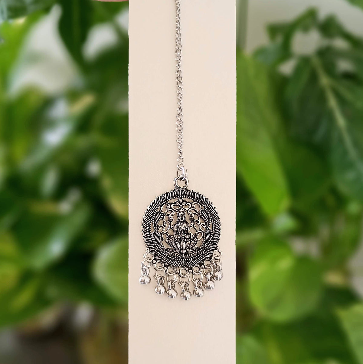 Round Goddess Design Silver Oxidised Ethnic Maangtikka