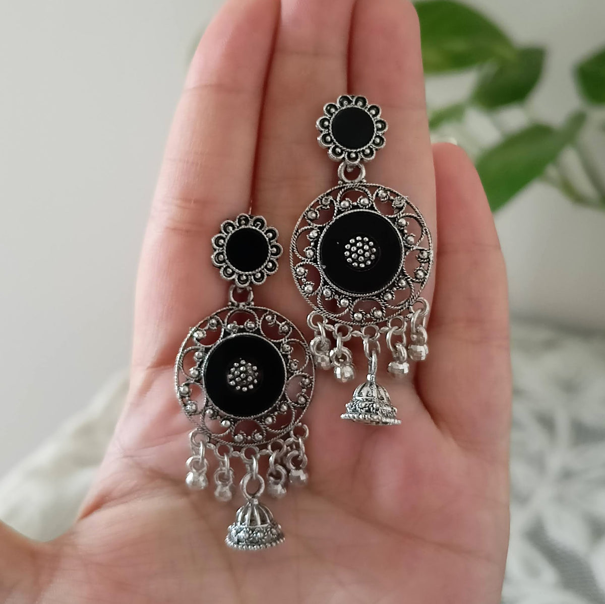 Round Black Mirror Jhumka Oxidised Silver Ethnic Earrings